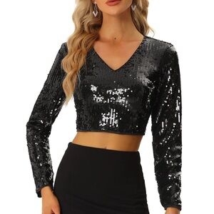 Allegra K Black Sequin Long Sleeve Crop Top size: XS NWT retail$38